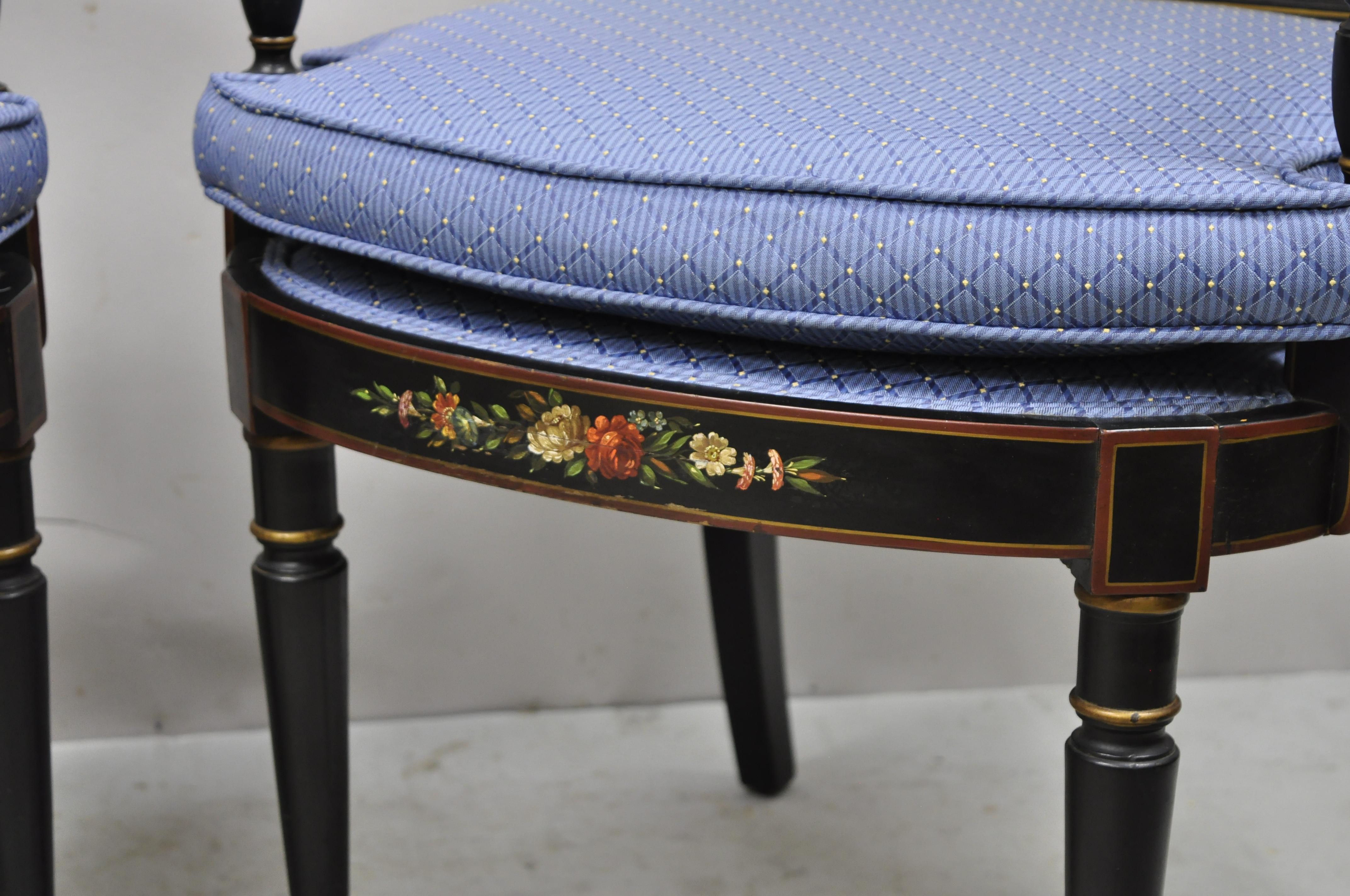 Antique English Regency Ebonized Black Cane Back Hand Painted Arm Chair, a Pair In Good Condition In Philadelphia, PA