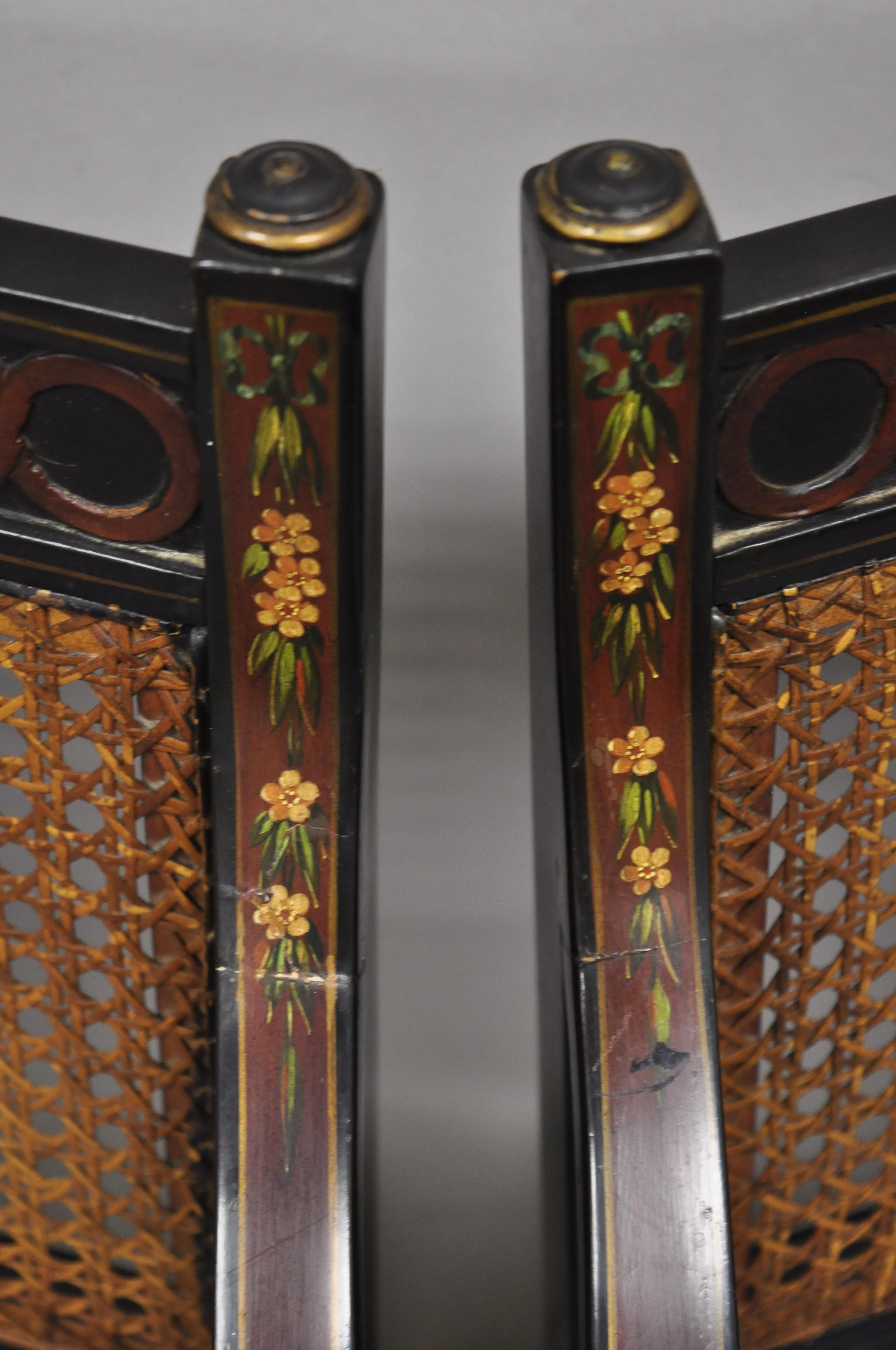 20th Century Antique English Regency Ebonized Black Cane Back Hand Painted Arm Chair, a Pair