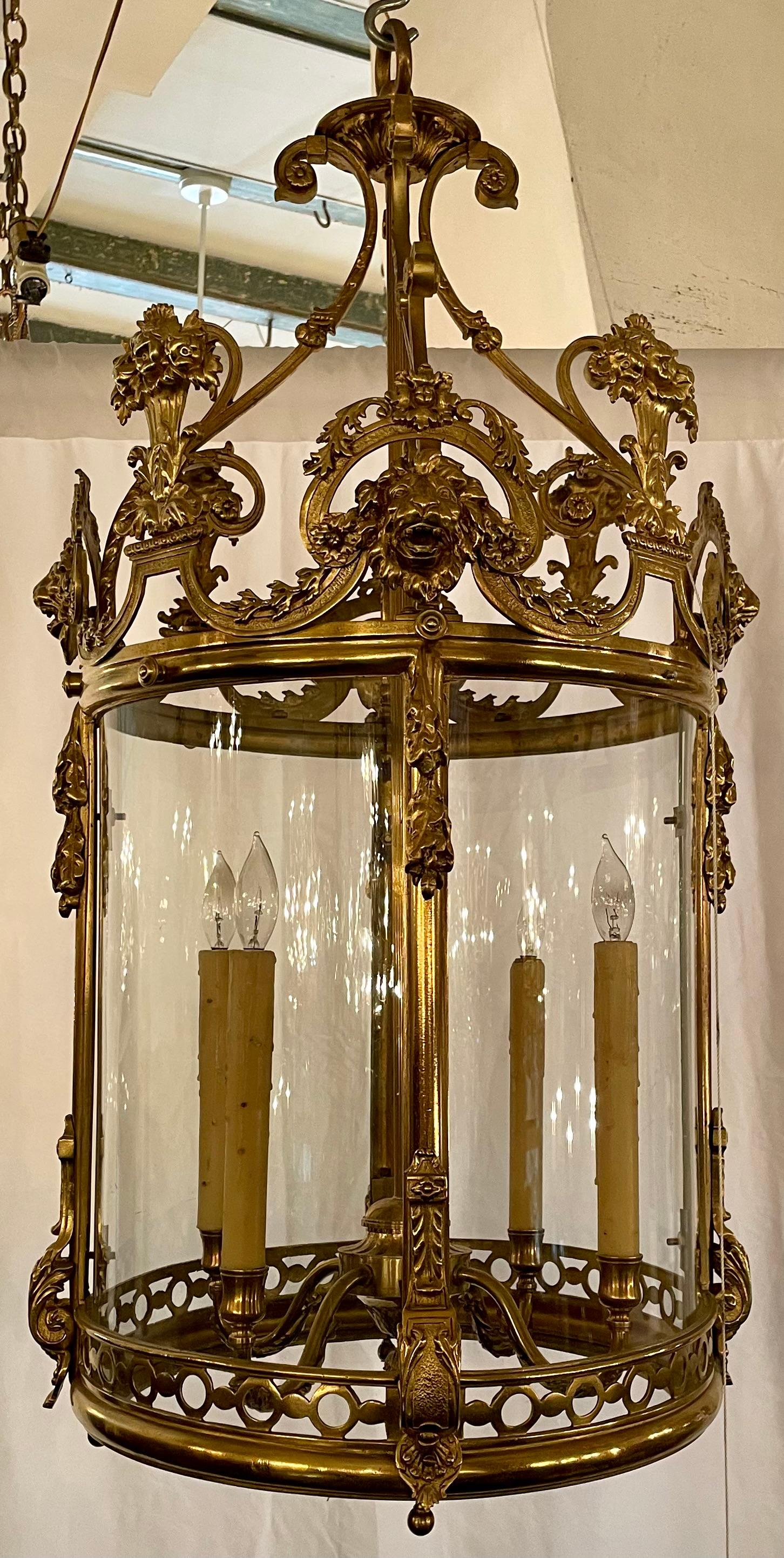 Antique English regency era gold bronze 4-light chateau lantern with lion masks & neo-classical urns, circa 1820's.