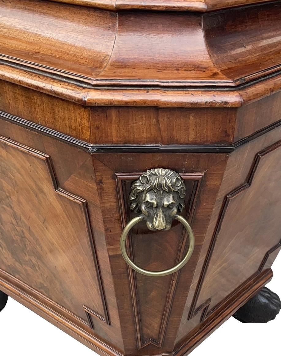 Brass Antique English Regency Flame Mahogany Sarcophagus Wine Cellarette Lion Paw Feet For Sale