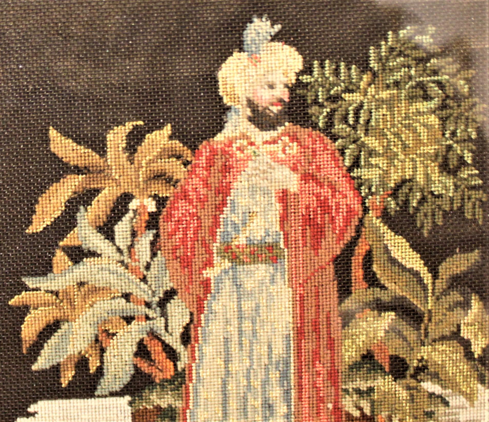 Hand-Crafted Antique English Regency Framed Folk Art Needlepoint Depicting a Persian Man For Sale