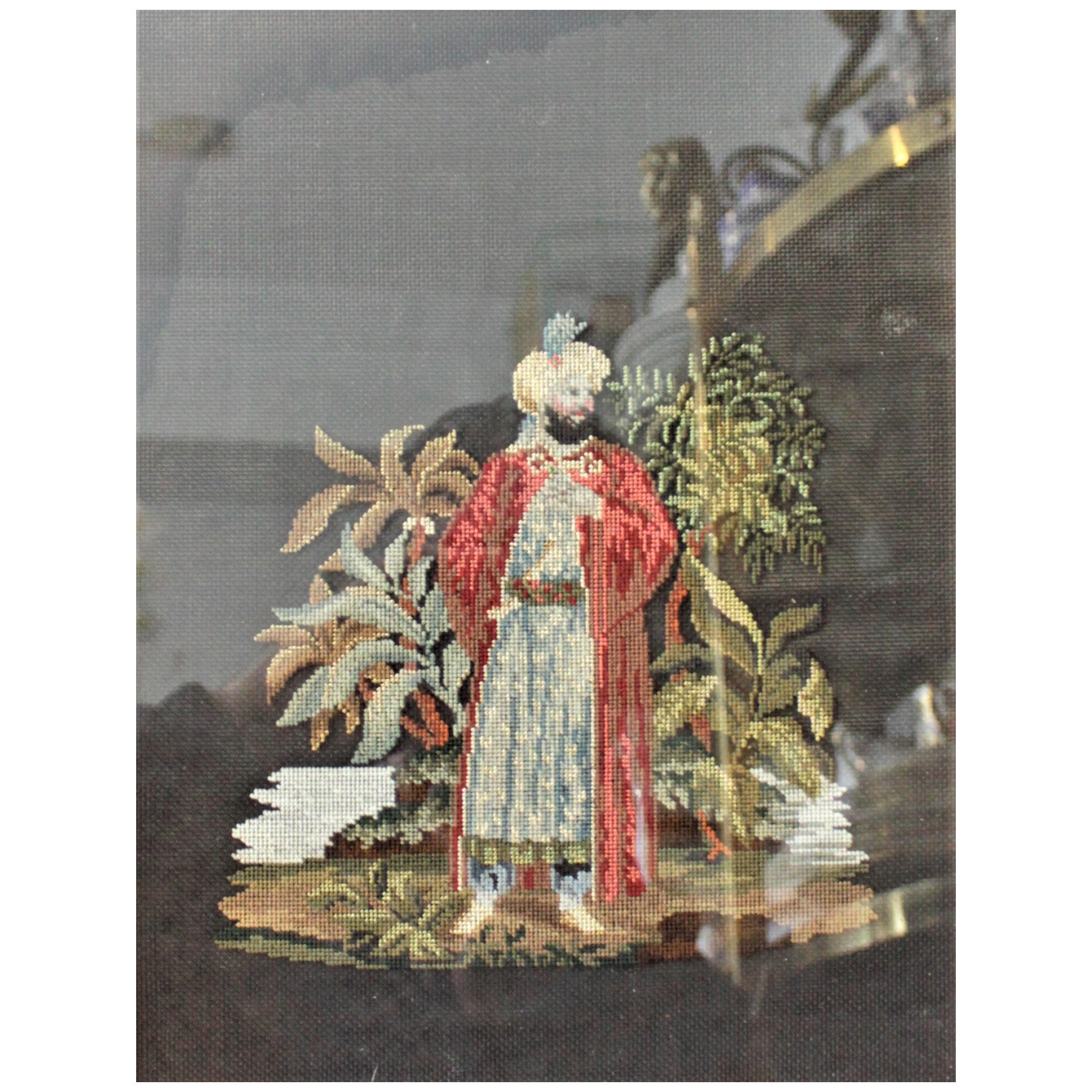 Antique English Regency Framed Folk Art Needlepoint Depicting a Persian Man For Sale