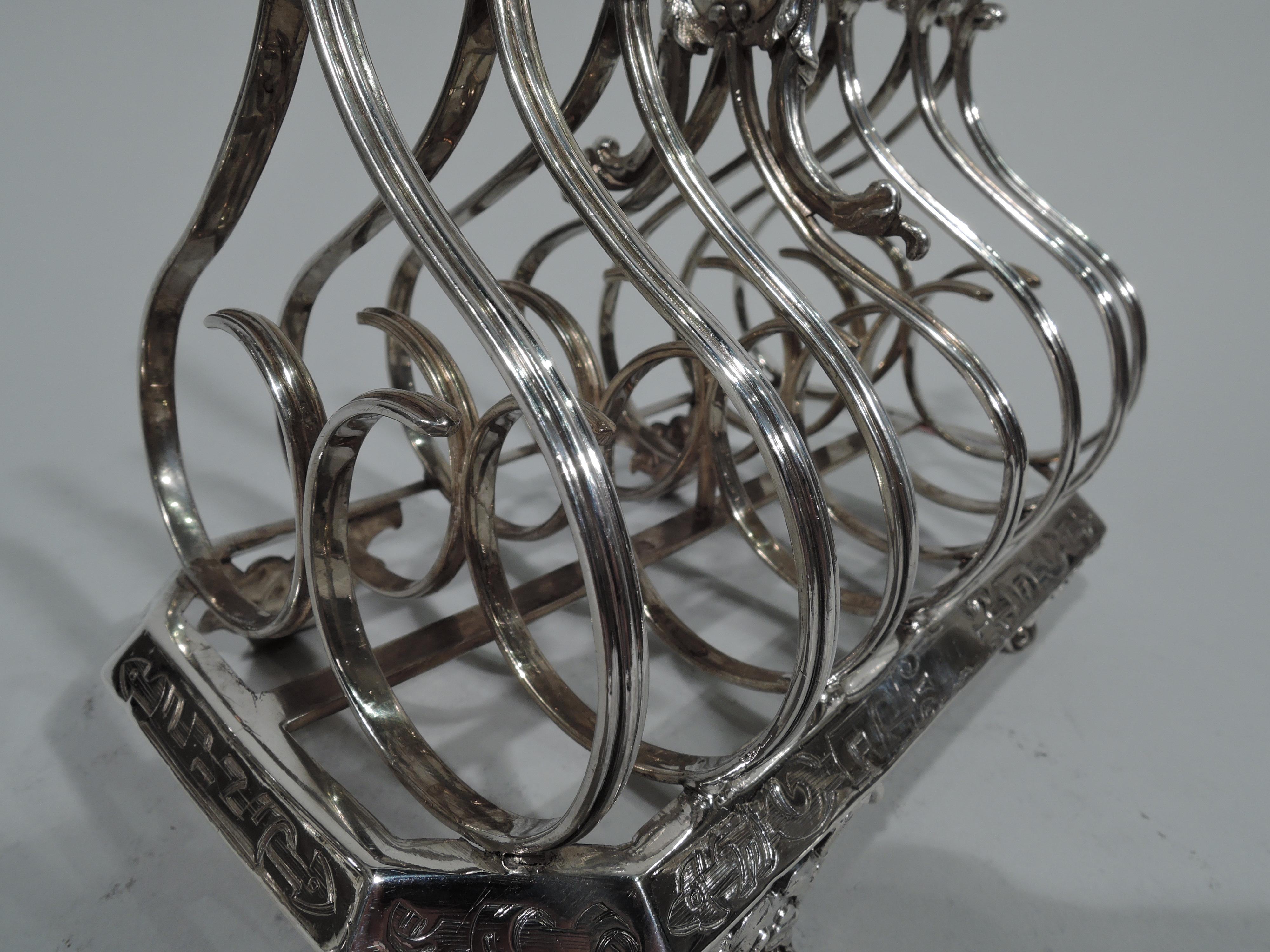 Antique English Regency Gothick Sterling Silver Toast Rack by Fox In Good Condition In New York, NY
