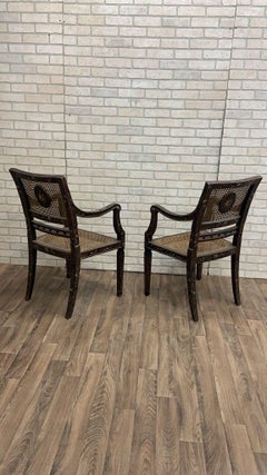 Antique English Regency Hand-Painted Cane-Back Medallion Armchairs- Pair