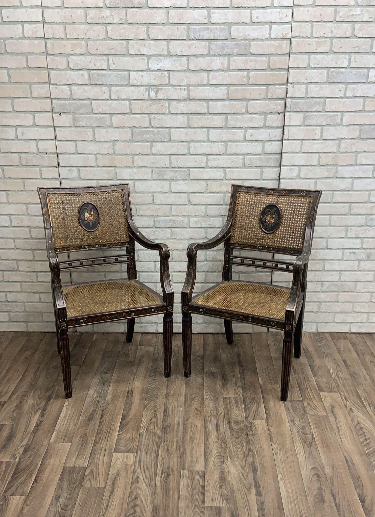 Antique English Regency Hand-Painted Cane-Back Medallion Armchairs- Pair In Good Condition For Sale In Chicago, IL