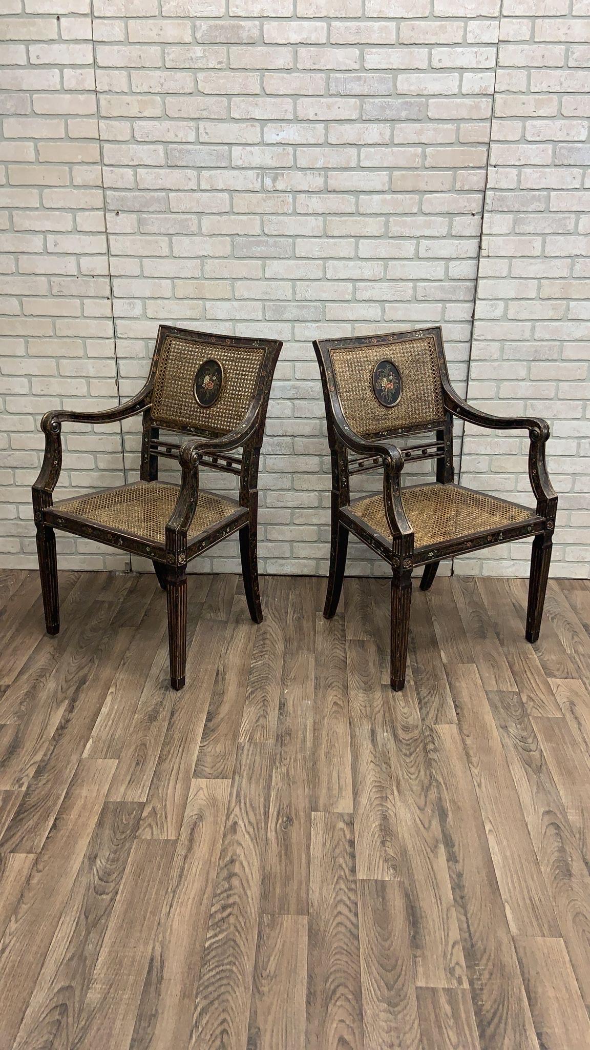 19th Century Antique English Regency Hand-Painted Cane-Back Medallion Armchairs- Pair For Sale