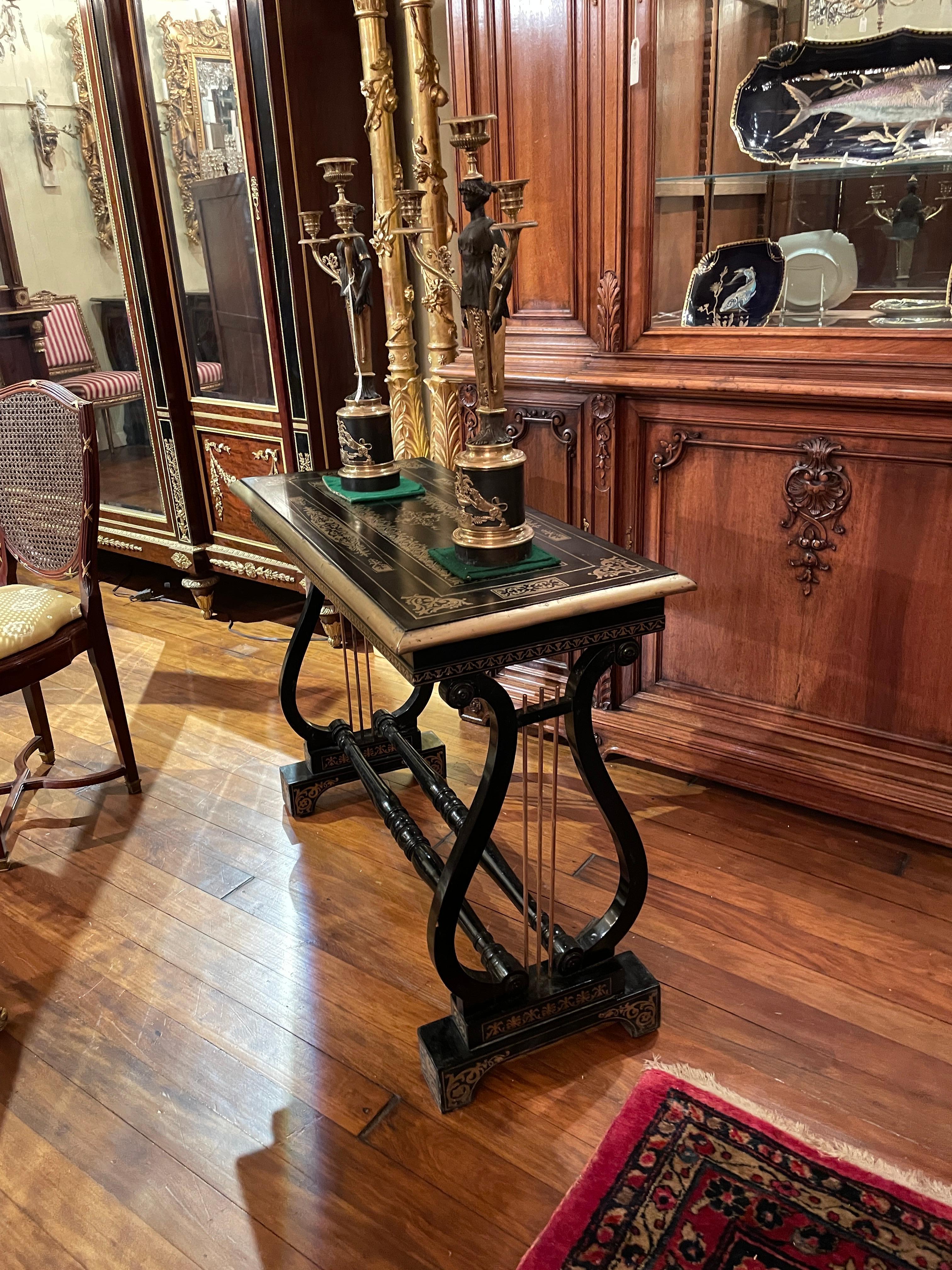 Antique English Regency Inlaid Ebonized Wood Table, Circa 1890 For Sale 4