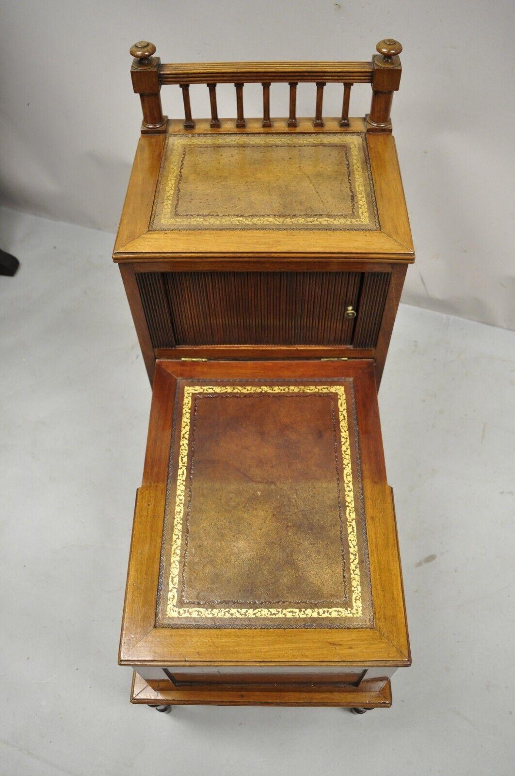 Antique English Regency Leather Top 3 Tier Side Table with Hidden Storage For Sale 1