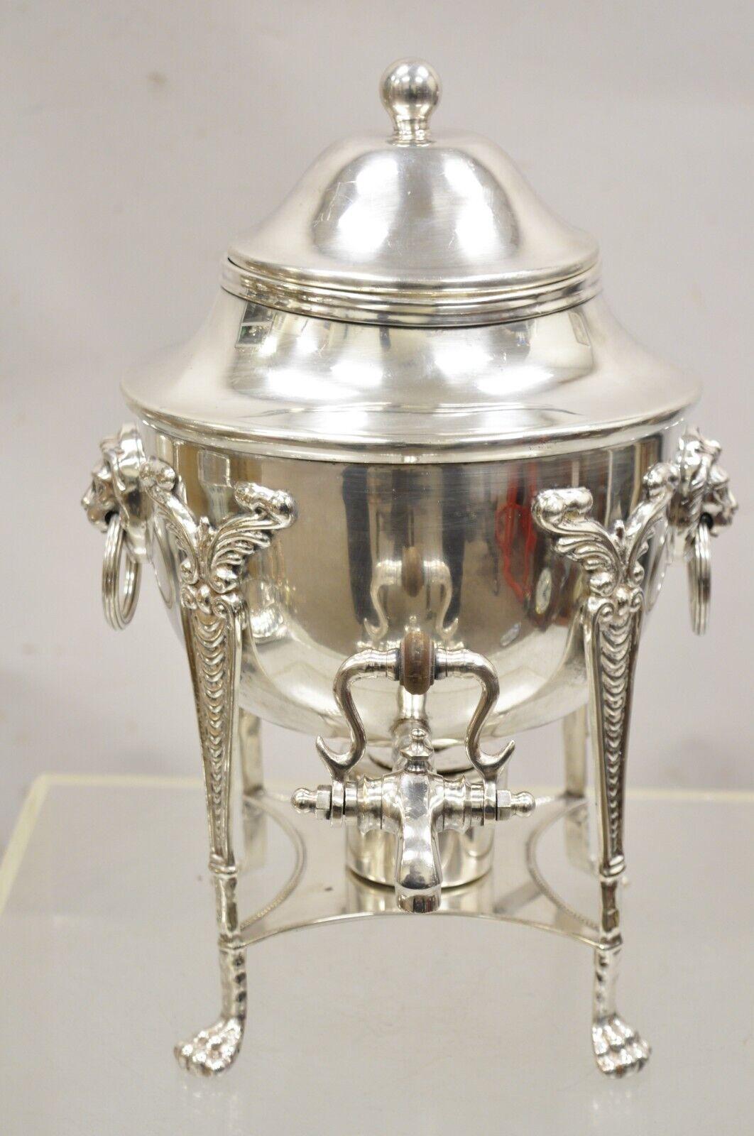 Antique English Victorian Regency Lion Head Paw Feet Silver Plated Samovar Warmer. Coffee/Tea beverage dispenser.
Circa Early 1900s. Measurements:  16