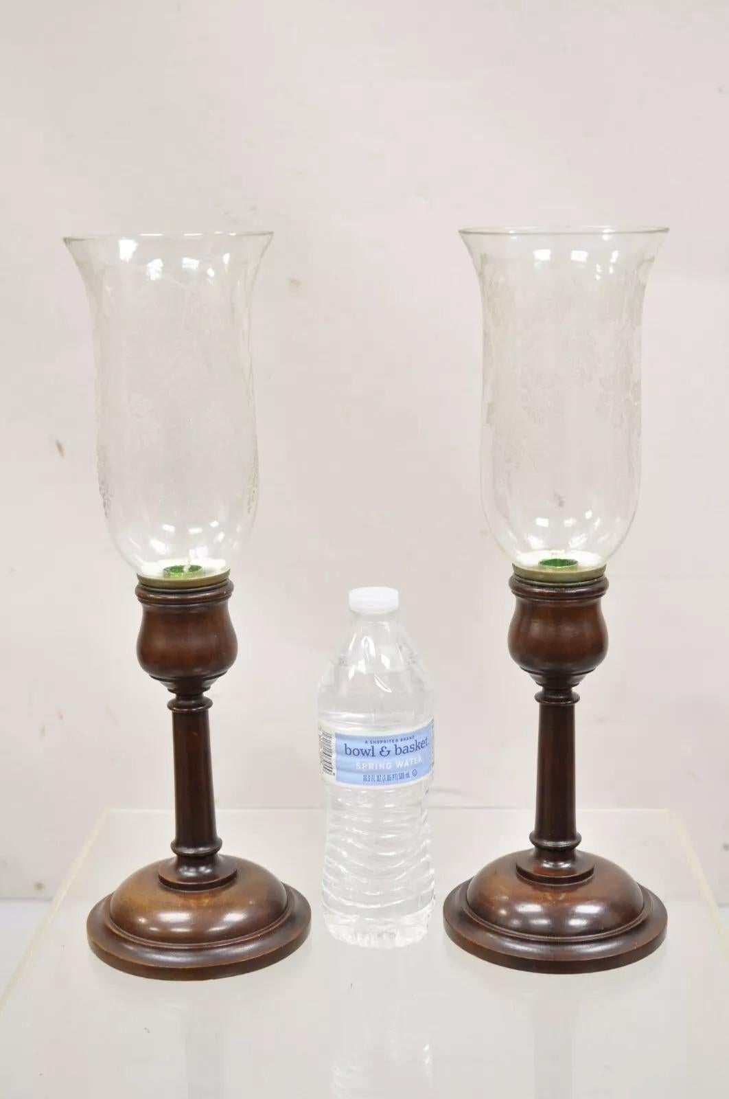 Antique English Regency Turn Carved Mahogany Candle Holders with Hurricane Etched Glass Shades - a Pair. Circa Early 20th Century. Measurements: 15.5