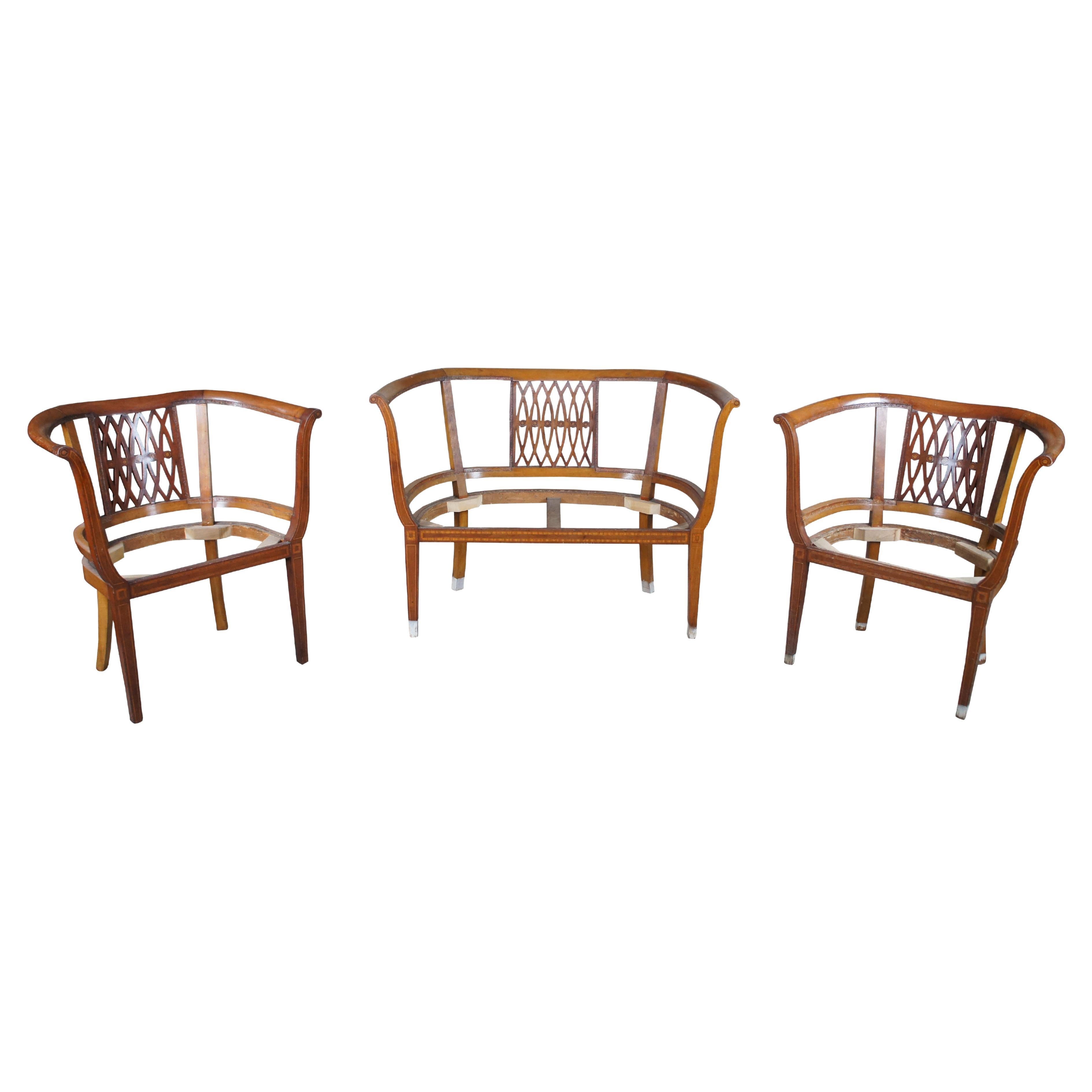 Antique English Regency Mahogany Inlaid Barrel Back Parlor Suite Settee Chairs