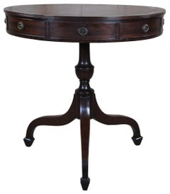 Antique English Regency Mahogany Tooled Leather Rent Table Drum Swivel Center