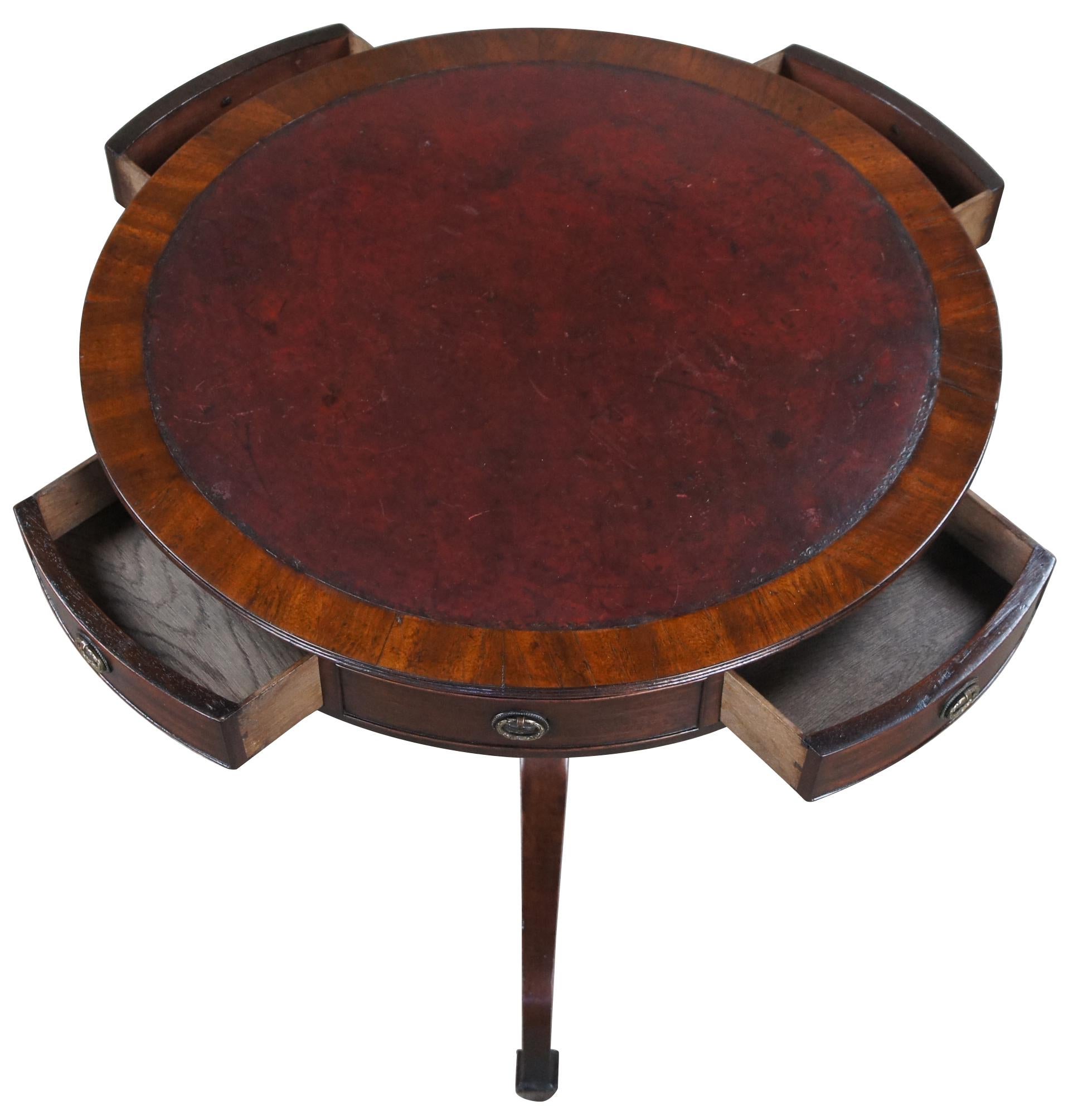 Antique English Regency Mahogany Tooled Leather Rent Table Drum Swivel Center In Good Condition In Dayton, OH