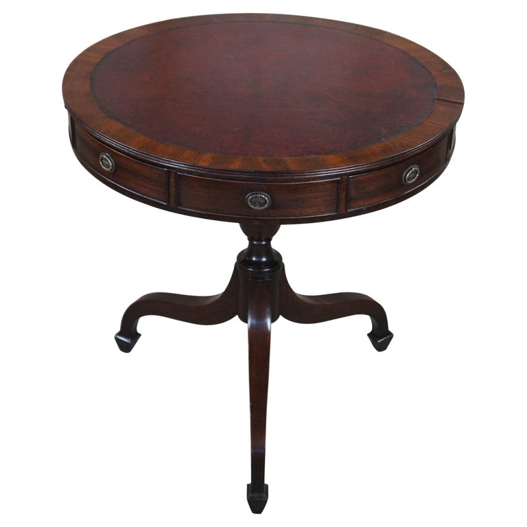 Antique English Regency Mahogany Tooled Leather Rent Table Drum Swivel
