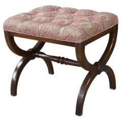 Antique English Regency Mahogany X Frame Paisley Tufted Ottoman Stool Bench