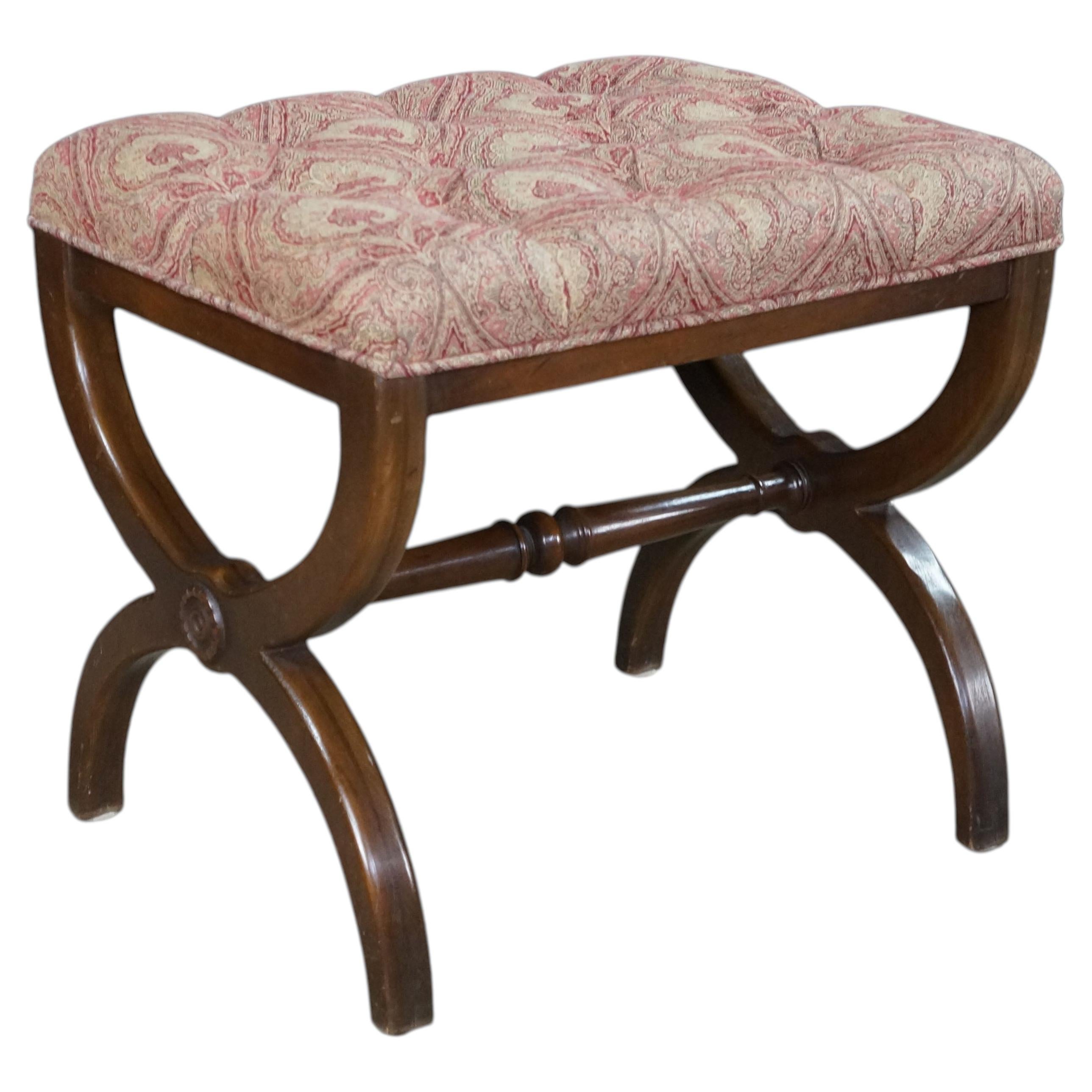 Antique English Regency Mahogany X Frame Paisley Tufted Ottoman Stool Bench For Sale