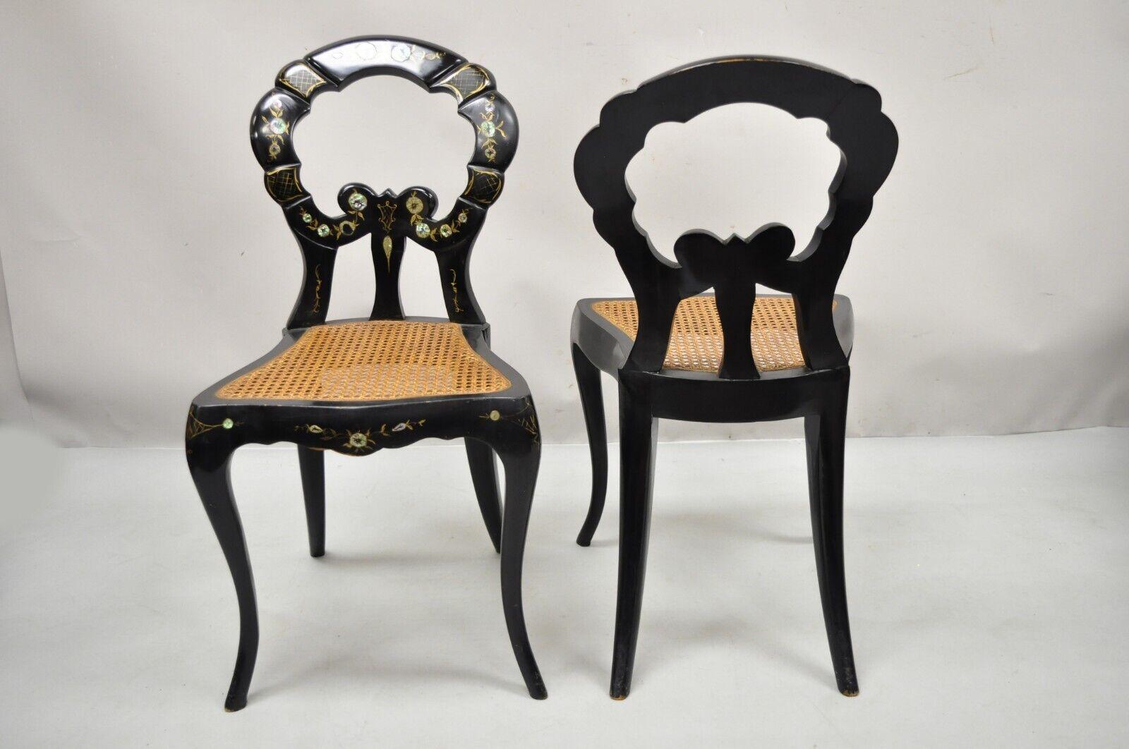 Antique English Regency Mother of Pearl Inlay Black Ebonized Side Chair - a Pair For Sale 5