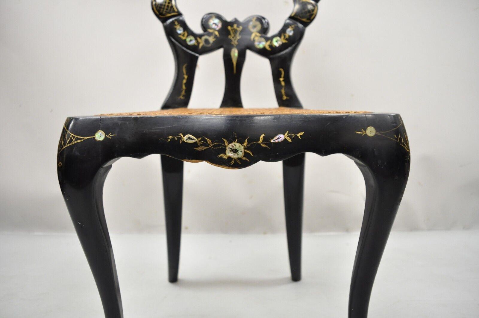 Antique English Regency Mother of Pearl Inlay Black Ebonized Side Chair - a Pair For Sale 1