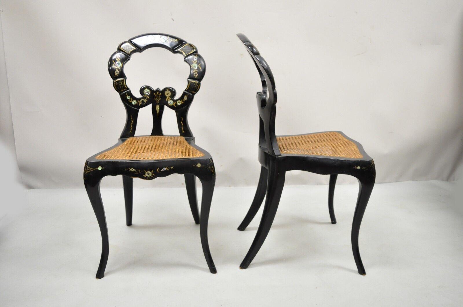 Antique English Regency Mother of Pearl Inlay Black Ebonized Side Chair - a Pair For Sale 3