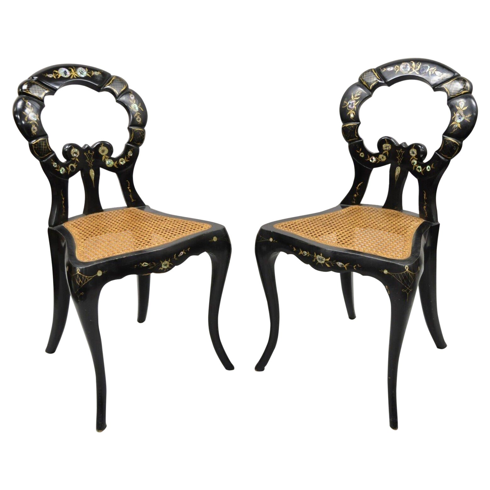 Antique English Regency Mother of Pearl Inlay Black Ebonized Side Chair - a Pair