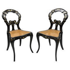 Antique English Regency Mother of Pearl Inlay Black Ebonized Side Chair - a Pair
