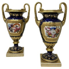 Antique English Regency Pair Coalport or Rockingham Urns Vases Centerpieces 1815