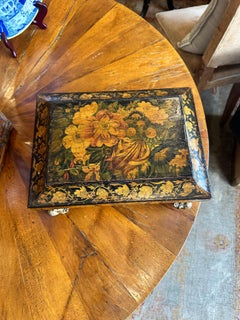 Antique English Regency Penwork Box Floral Top Brass Feet Restored Chinoiserie