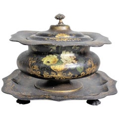 Antike englische Teedose aus der Regency-Periode und handbemaltem Zinn