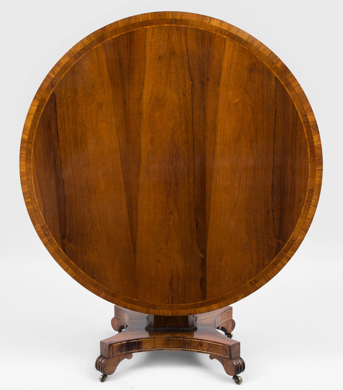 Boldly figured rosewood tilt-top centre table, the circular top with three different widths of crossbanding, the frieze also cross-banded, raised on an octagonal pedestal with brass inlay of foliate design and stringing, large beading at the base,
