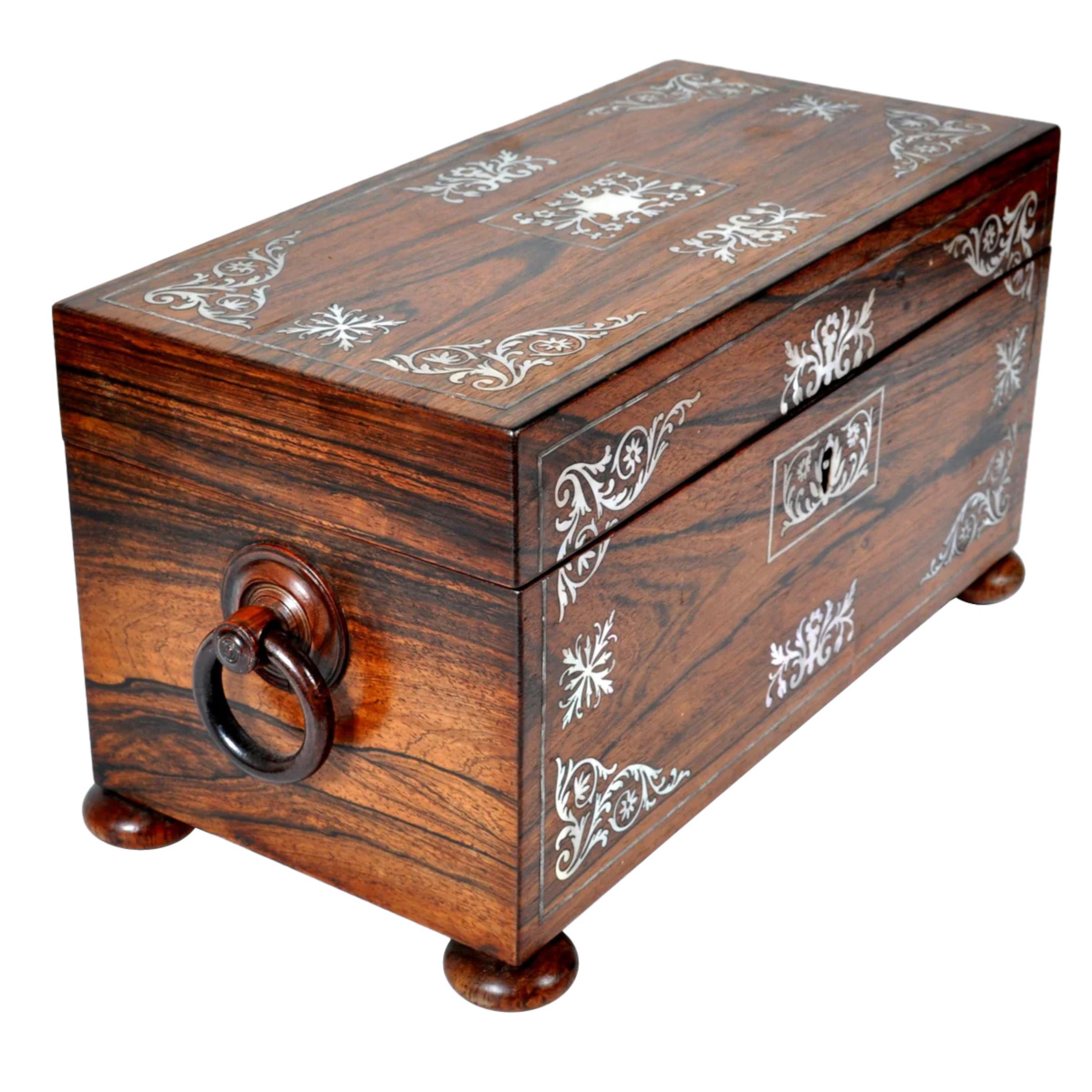 Inlay Antique English Regency Rosewood Inlaid Mother of Pearl Tea Caddy Box 1820