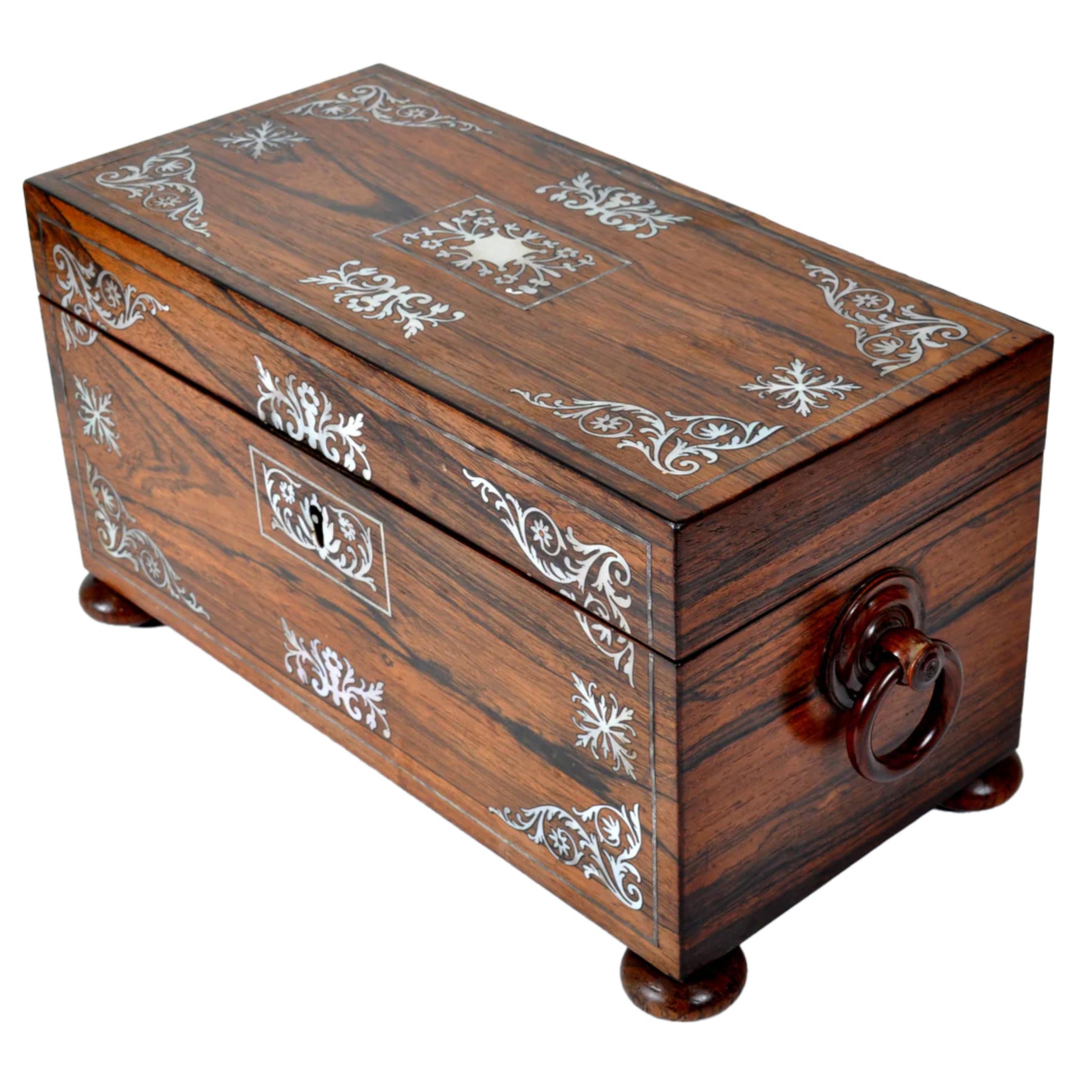 Antique English Regency Rosewood Inlaid Mother of Pearl Tea Caddy Box 1820 In Good Condition In Portland, OR