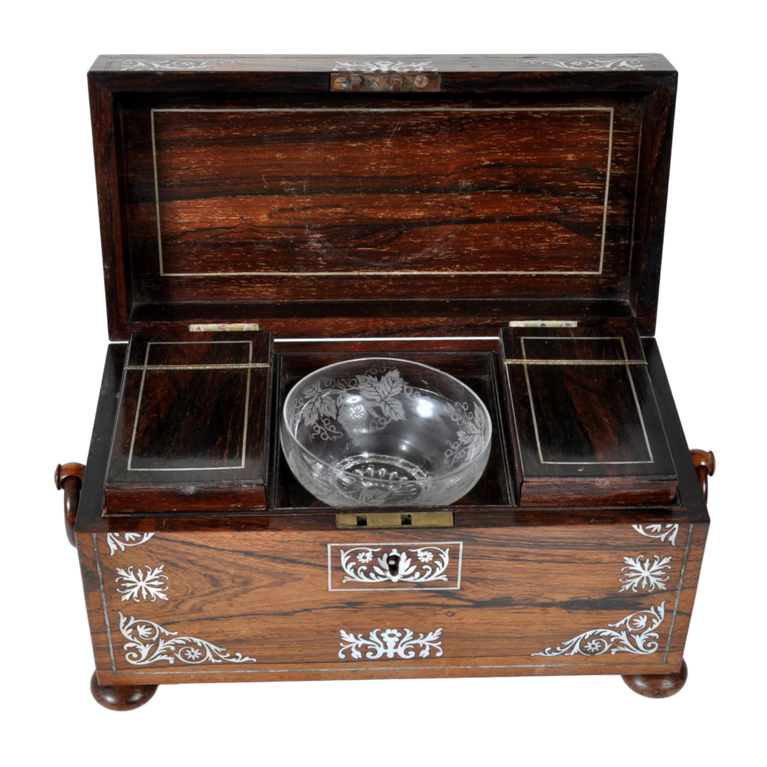 19th Century Antique English Regency Rosewood Inlaid Mother of Pearl Tea Caddy Box 1820