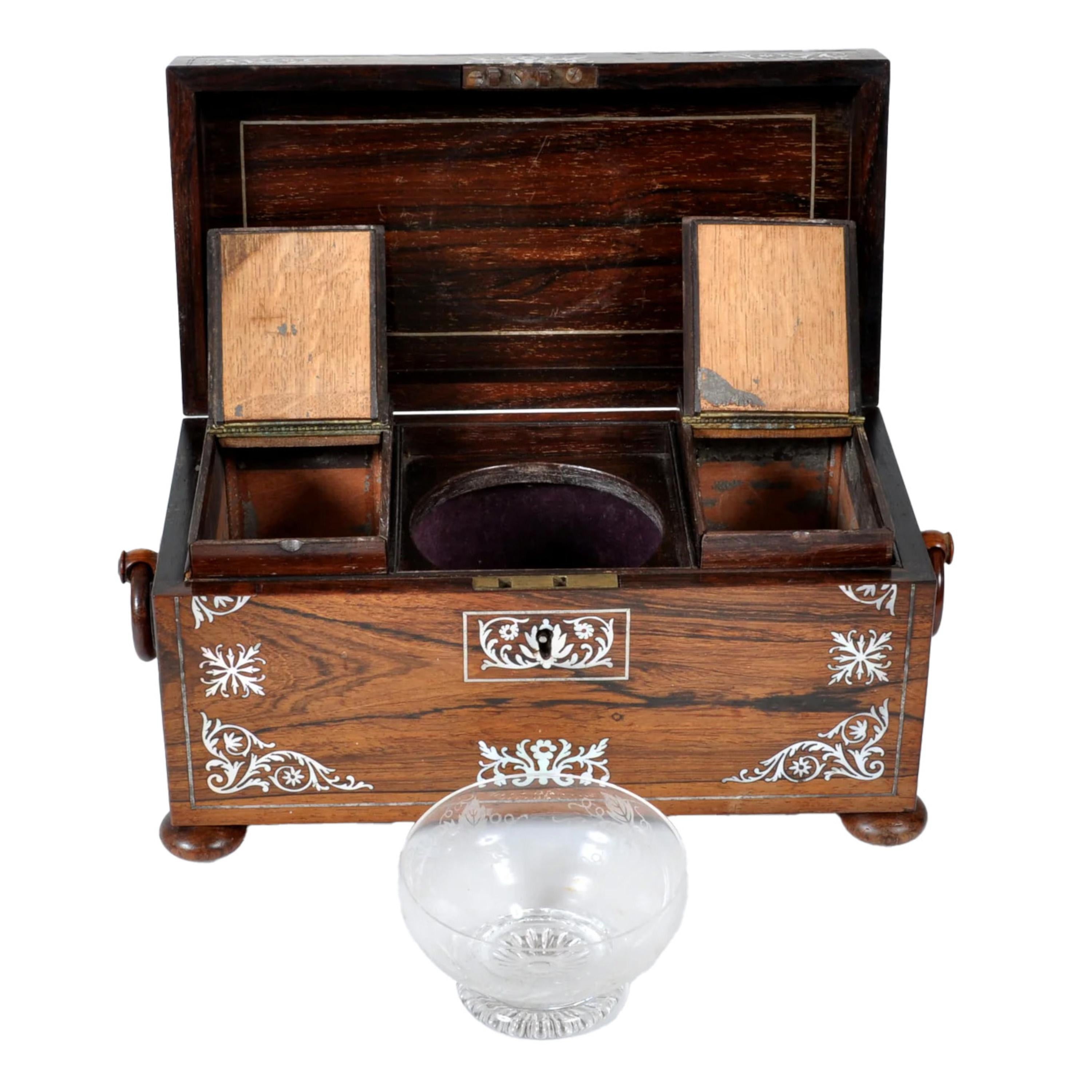 Antique English Regency Rosewood Inlaid Mother of Pearl Tea Caddy Box 1820 1