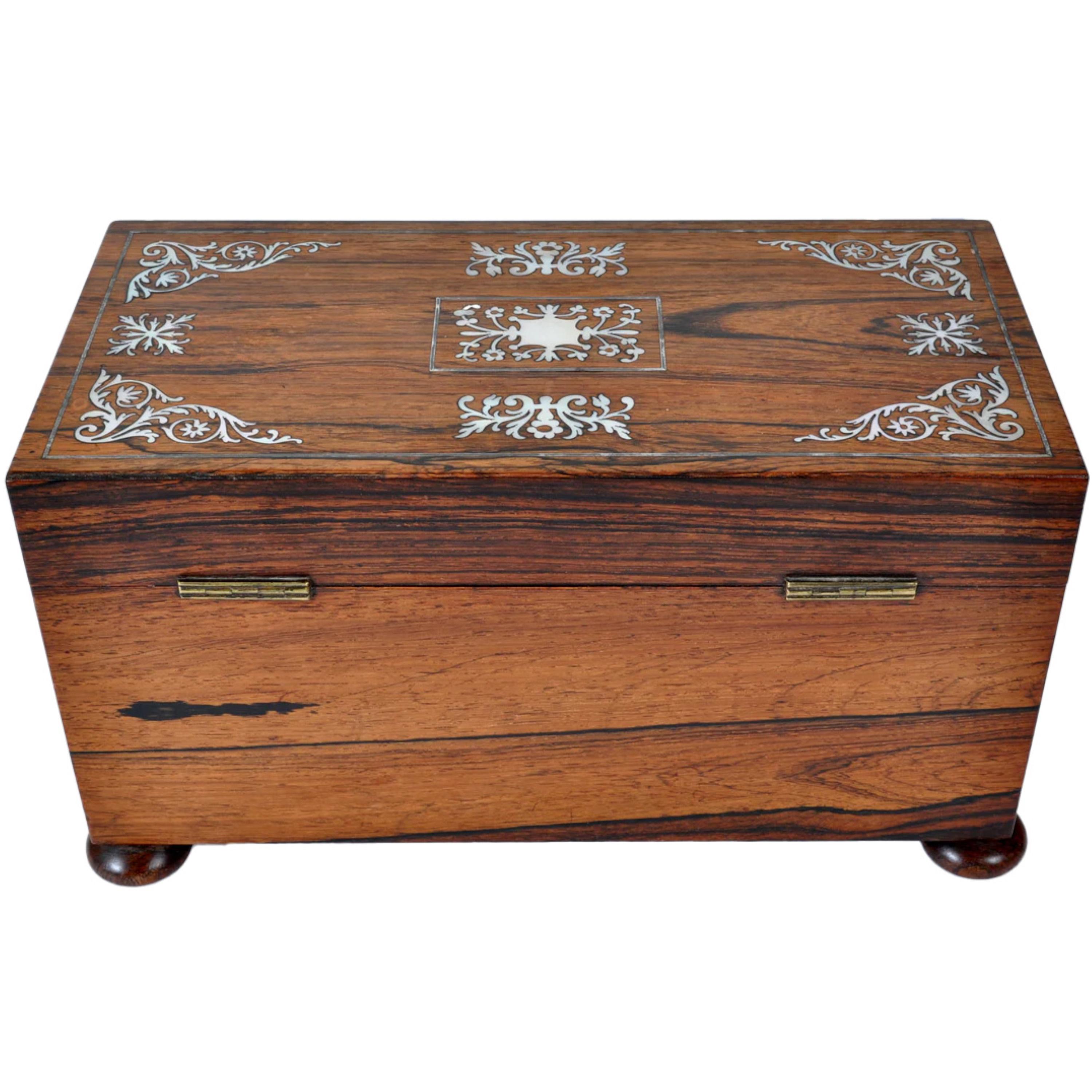 Antique English Regency Rosewood Inlaid Mother of Pearl Tea Caddy Box 1820 4