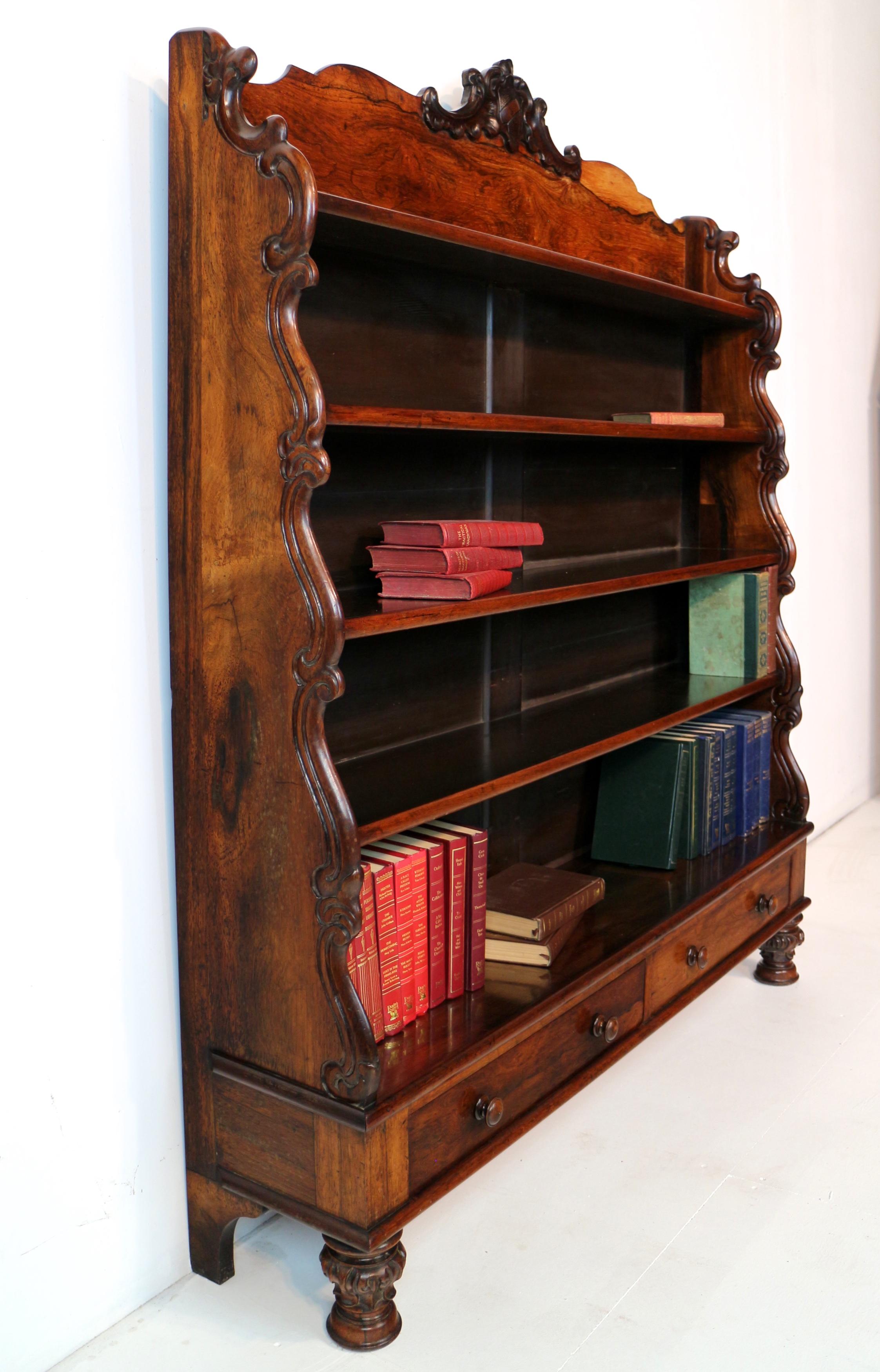 Antique English Regency Rosewood Waterfall Bookcase with Drawers For Sale 5