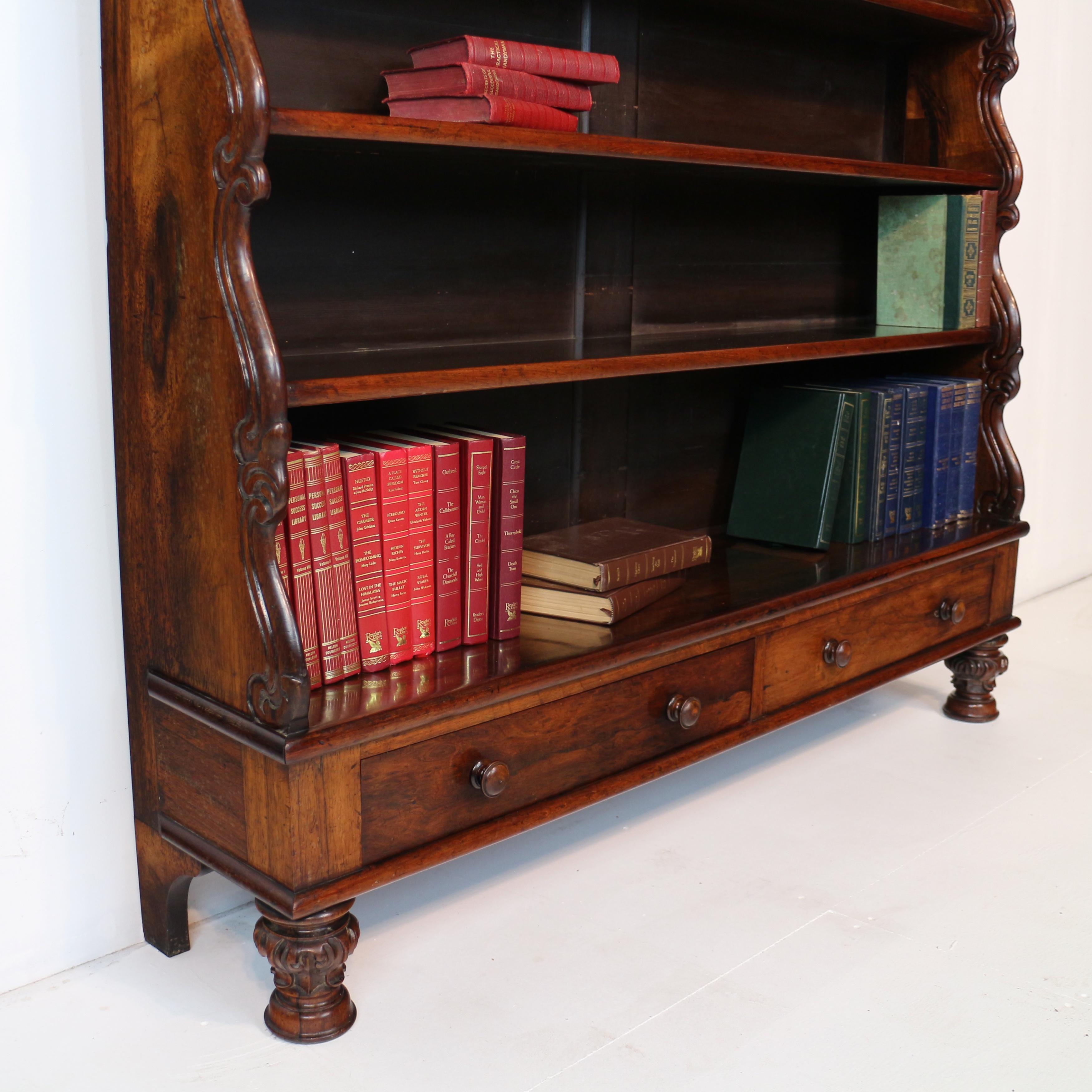 Antique English Regency Rosewood Waterfall Bookcase with Drawers For Sale 8