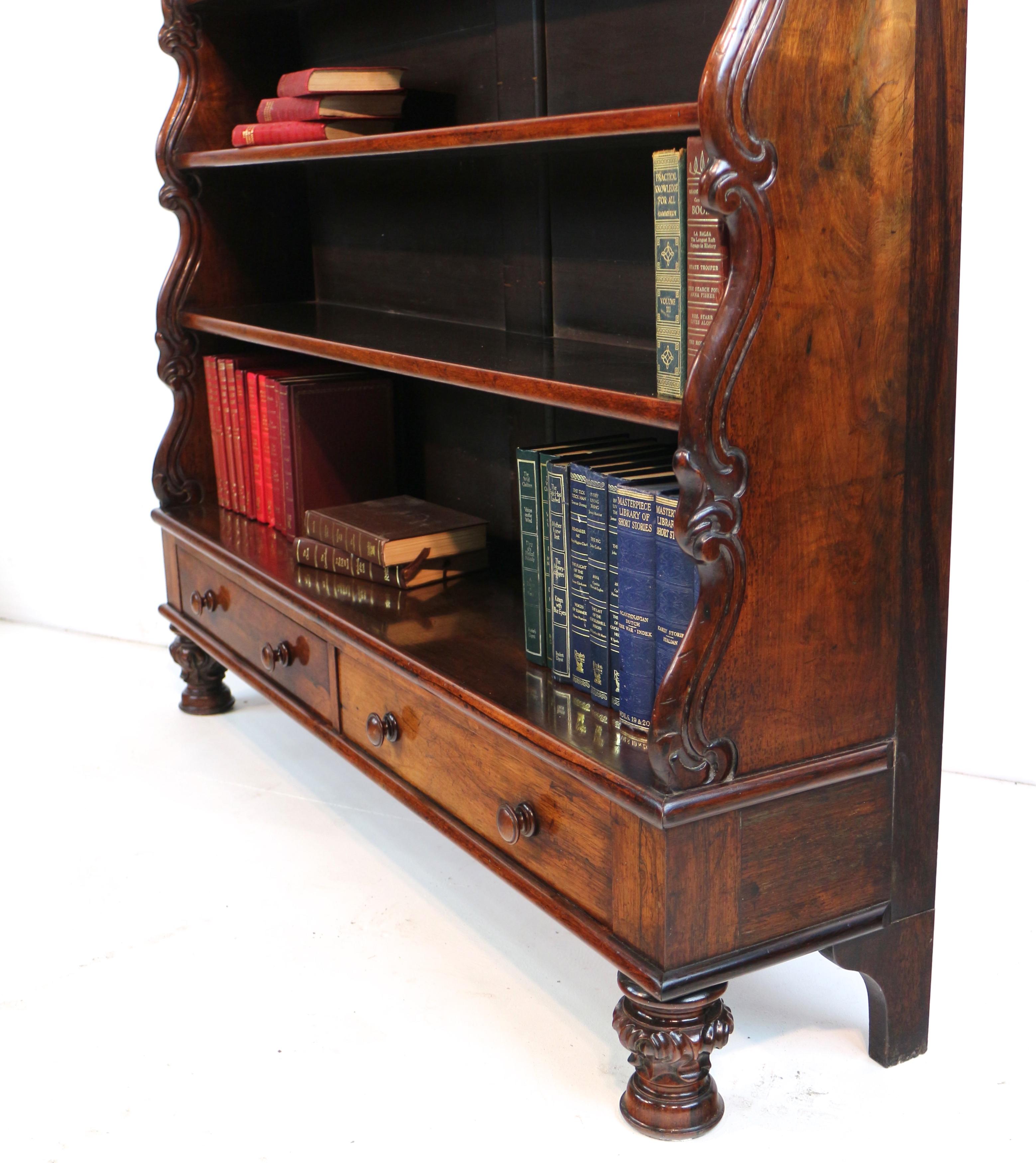 Antique English Regency Rosewood Waterfall Bookcase with Drawers For Sale 11