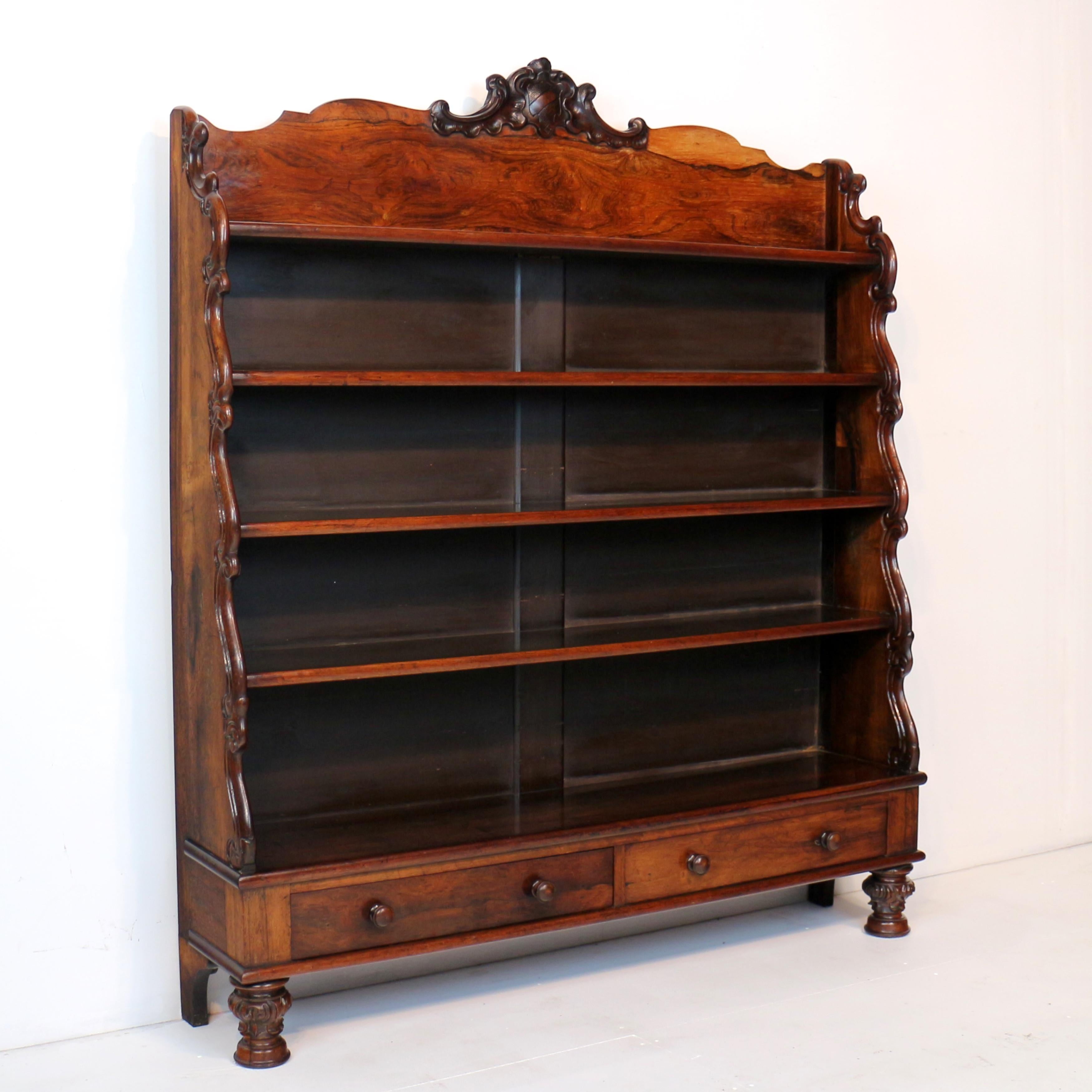 Antique English Regency Rosewood Waterfall Bookcase with Drawers For Sale 14