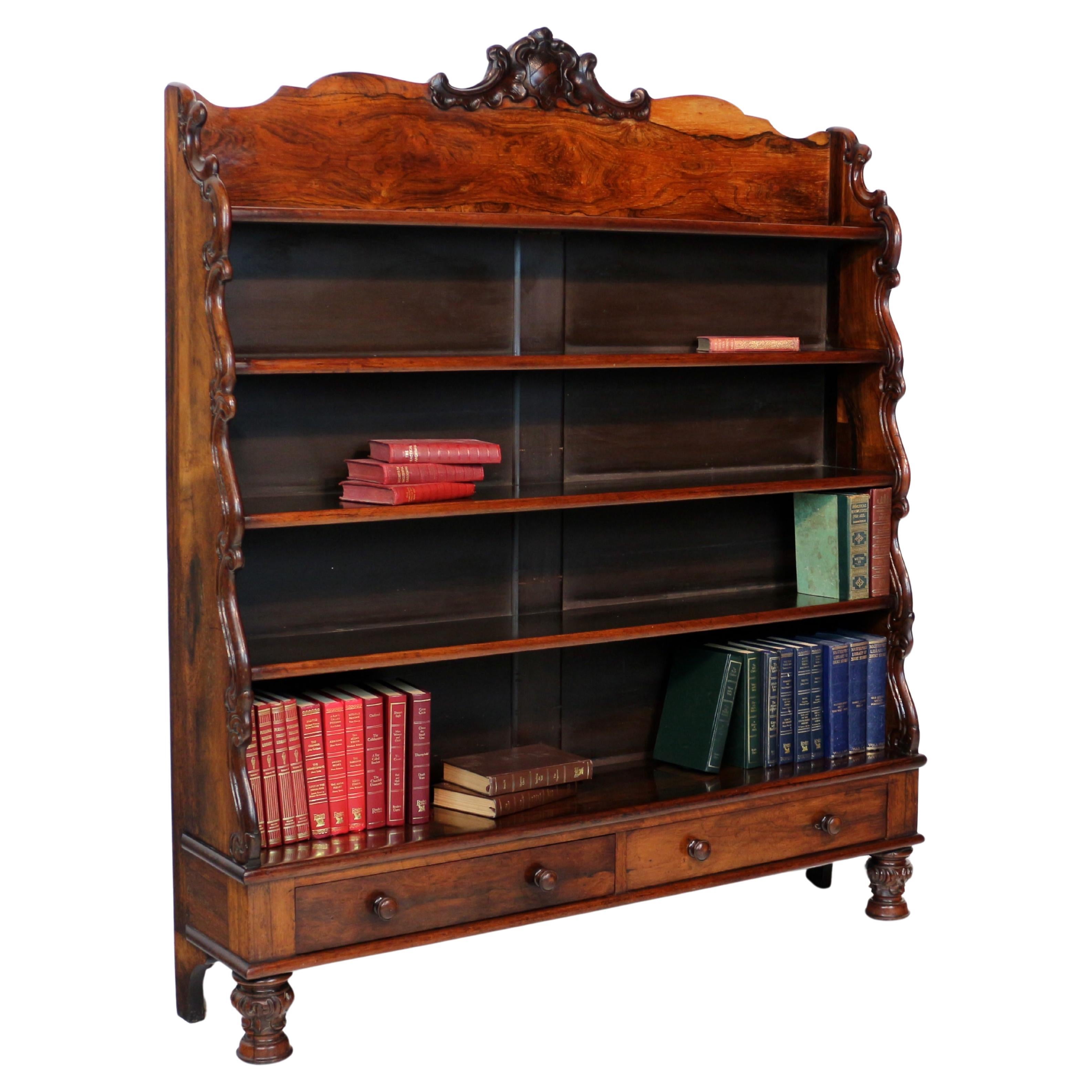 Antique English Regency Rosewood Waterfall Bookcase with Drawers For Sale