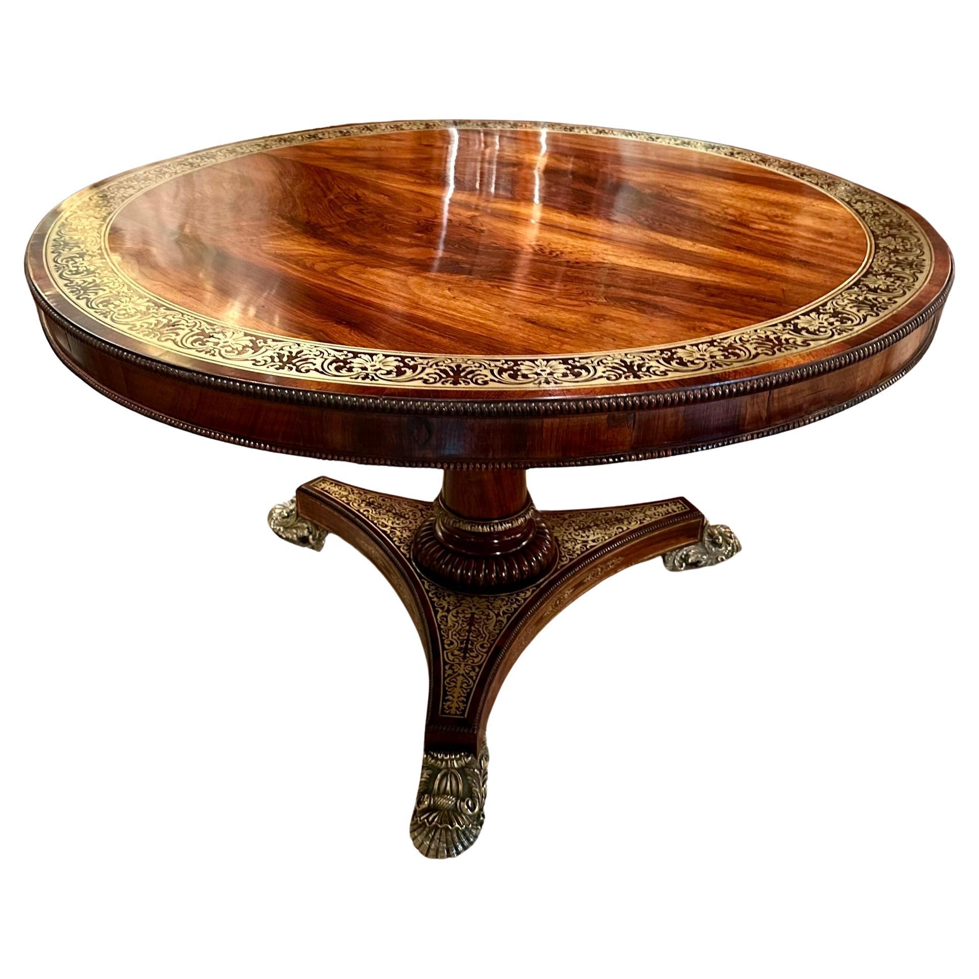 19th Century Antique English Regency Rosewood with Brass Inlay Tilt Top Center Table, Ca 1830 For Sale
