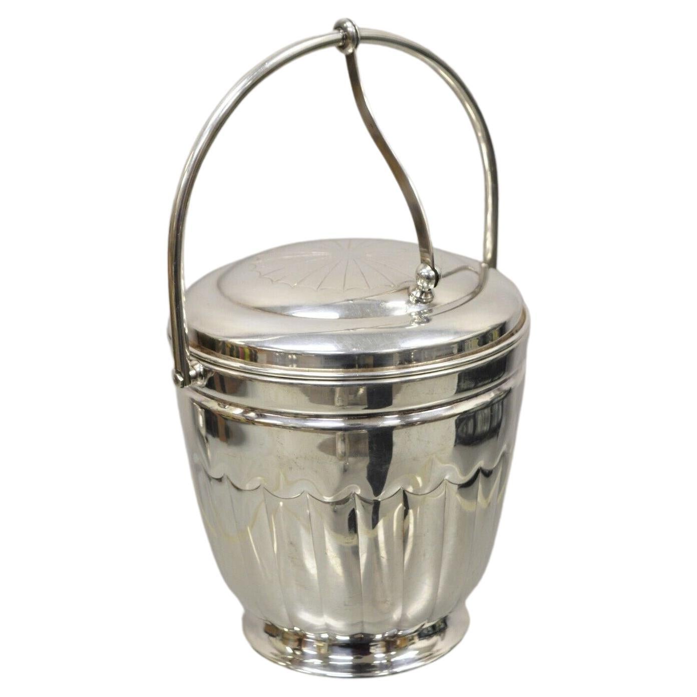 Antique English Regency Silver Plate Ice Bucket w/ Reticulating Hinge Lid Handle For Sale