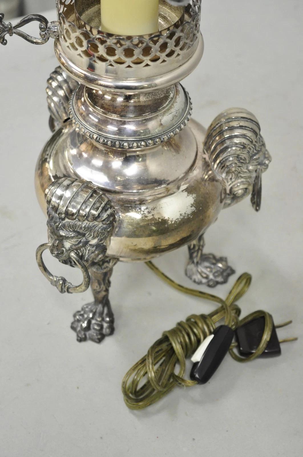 Antique English Regency Silver Plated Converted Oil Lamp Lion Mounted Table Lamp For Sale 5