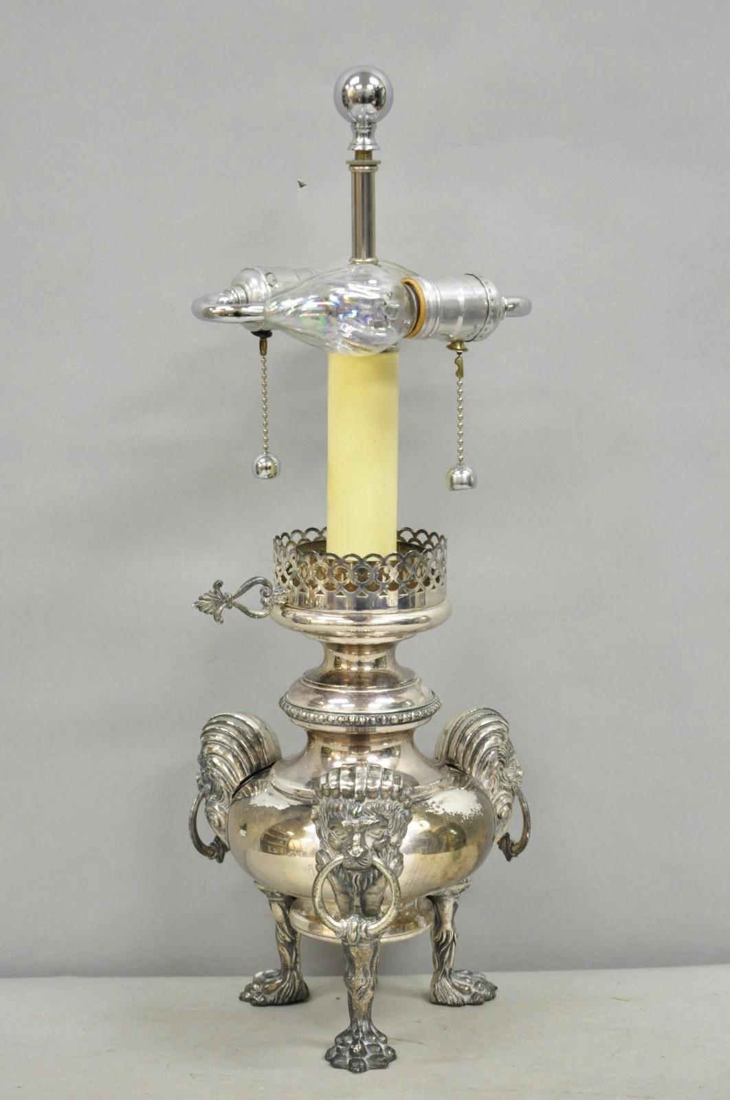 Antique English Regency Silver Plated Converted Oil Lamp Lion Mounted Table Lamp For Sale 8