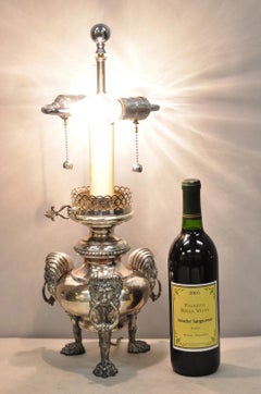 Antique English Regency Silver Plated Converted Oil Lamp Lion Mounted Table Lamp