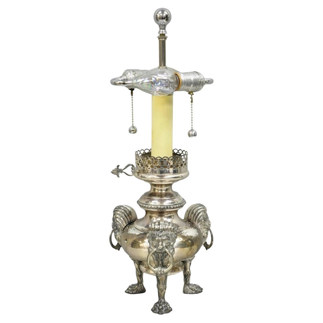Antique English Regency Silver Plated Converted Oil Lamp Lion Mounted Table Lamp For Sale