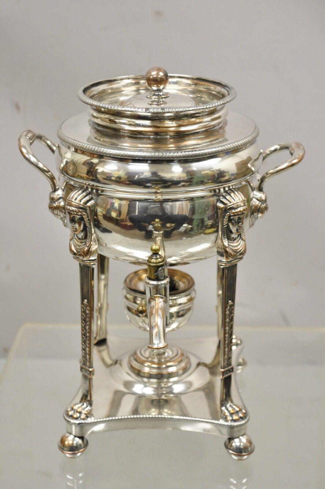 Antique English Regency silver plated figural samovar coffee tea dispenser. Circa Early 1900s. Measurements: 15