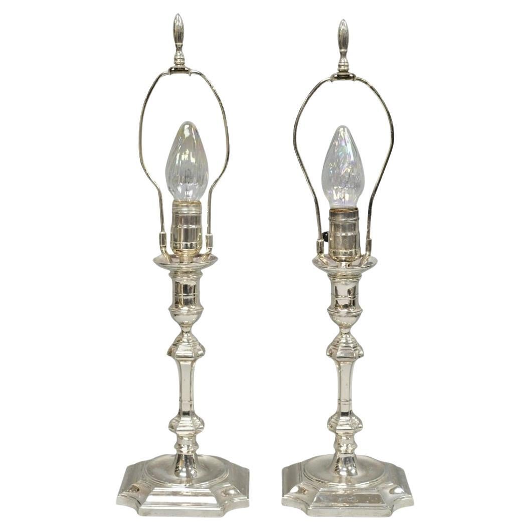Antique English Regency Silver Plated Footed Candlestick Table Lamps - a Pair