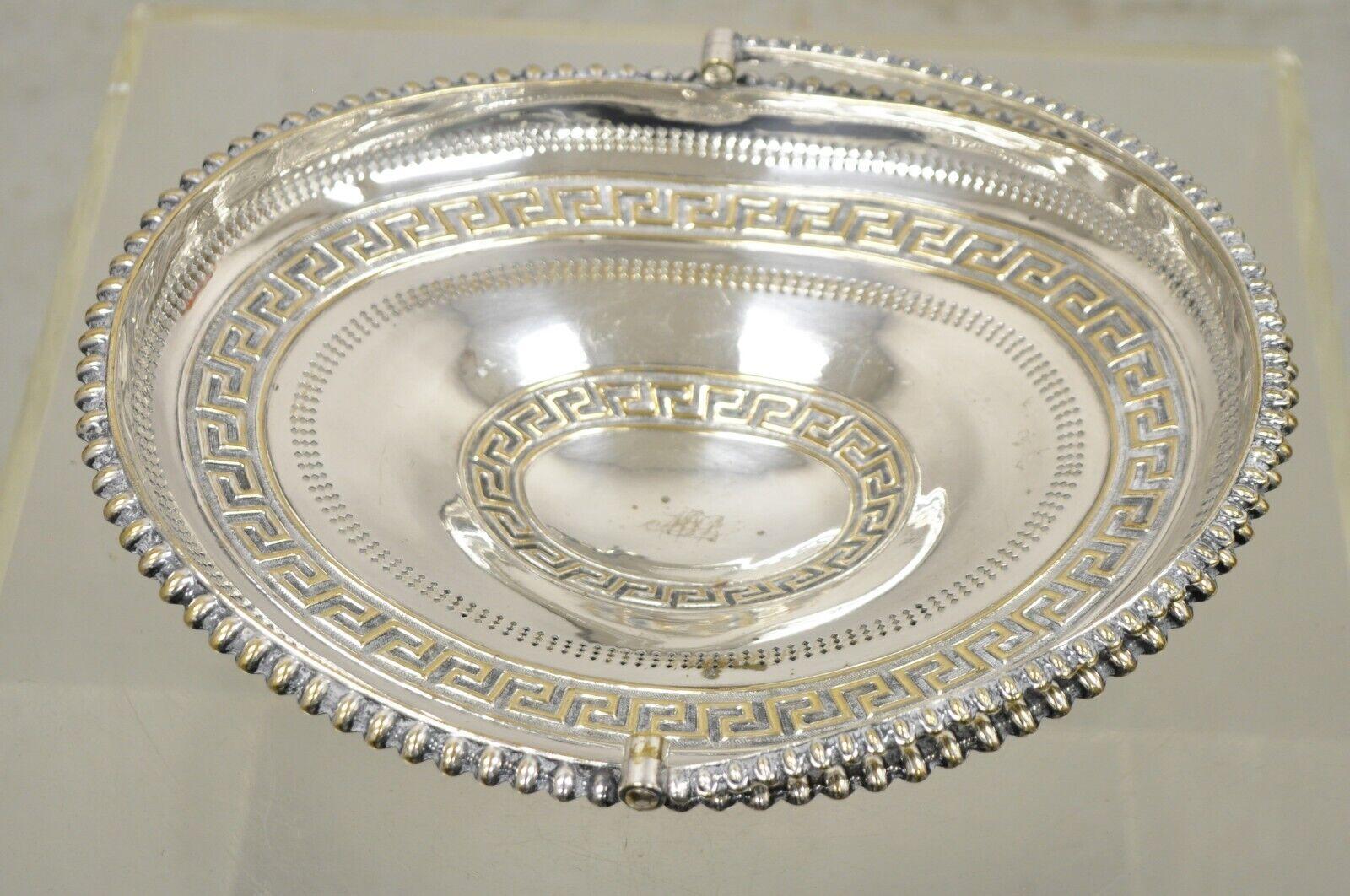 Antique English Regency Silver Plated Greek Key Cake Basket Serving Platter In Good Condition For Sale In Philadelphia, PA