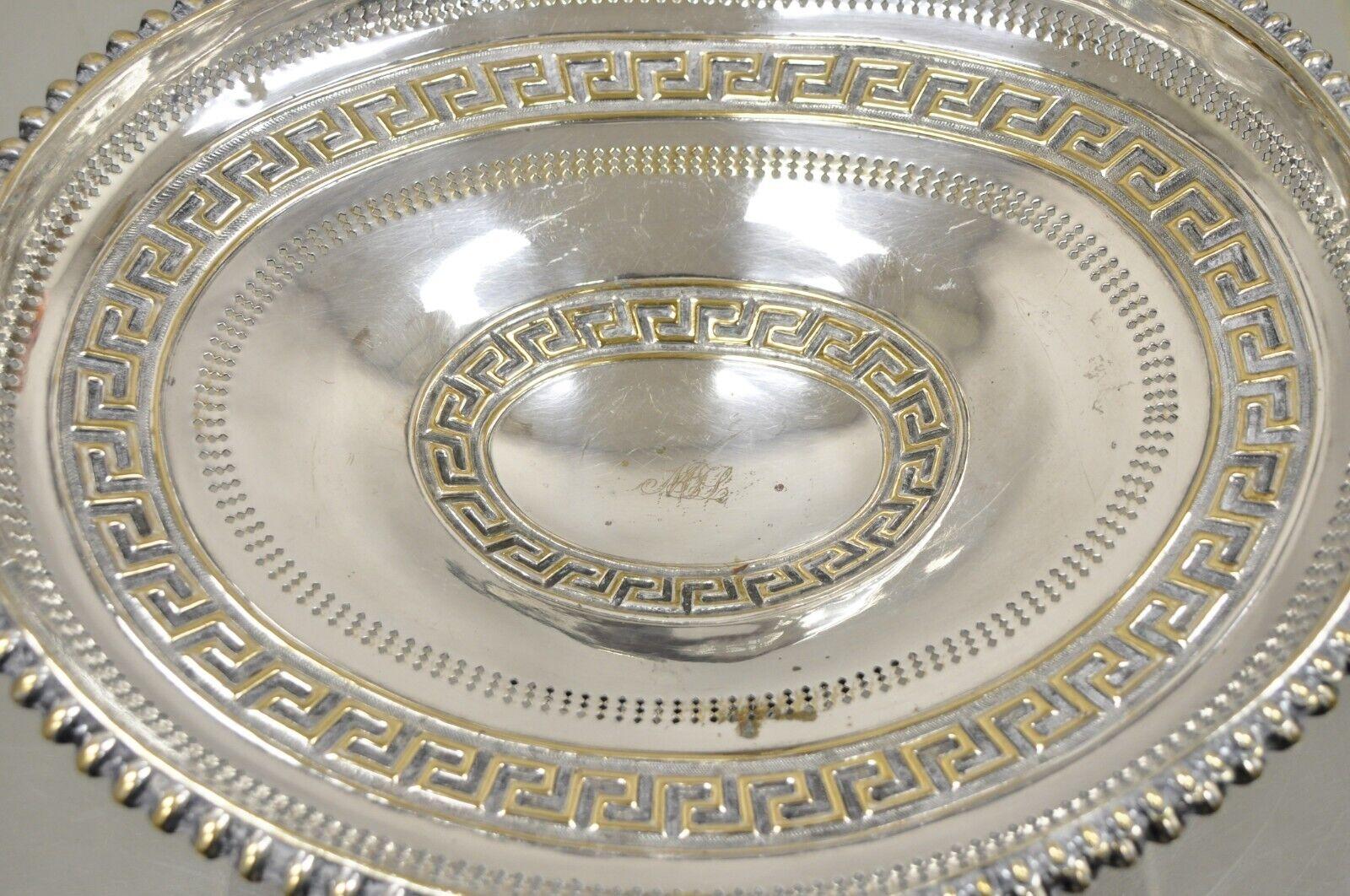 19th Century Antique English Regency Silver Plated Greek Key Cake Basket Serving Platter For Sale