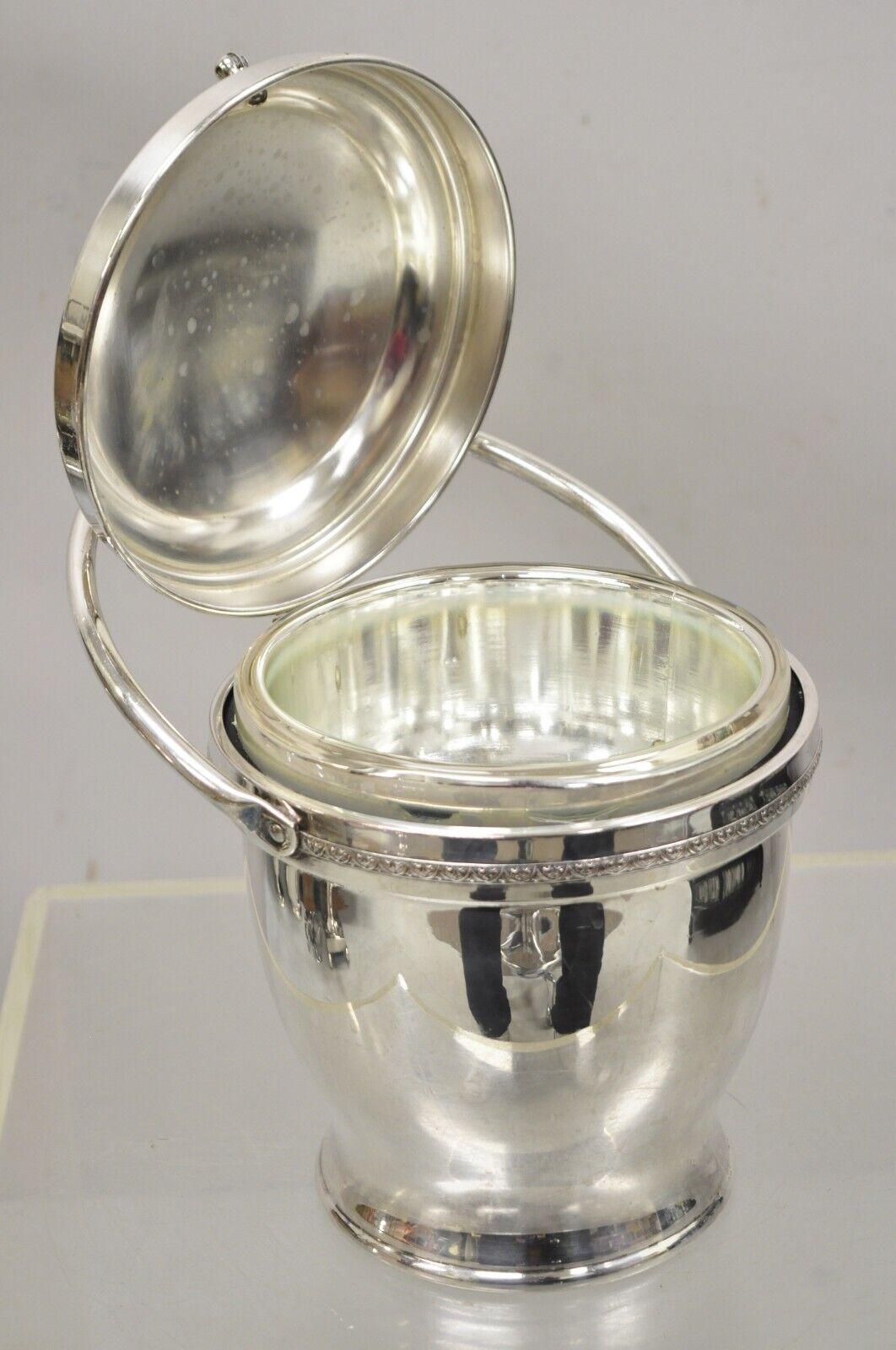 Antique English Regency Silver Plated Ice Bucket Reticulating Hinge Lid Handle In Good Condition In Philadelphia, PA